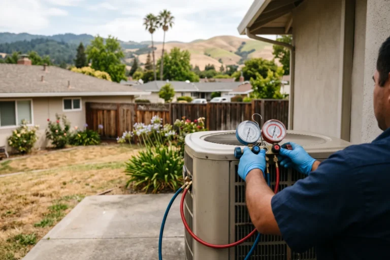 Technician checking refrigerant pressure on an outdoor AC unit